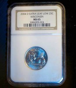 lot 8 image: Error Quarter 2004-D Wisconsin Extra Low Leaf PCGS MS65