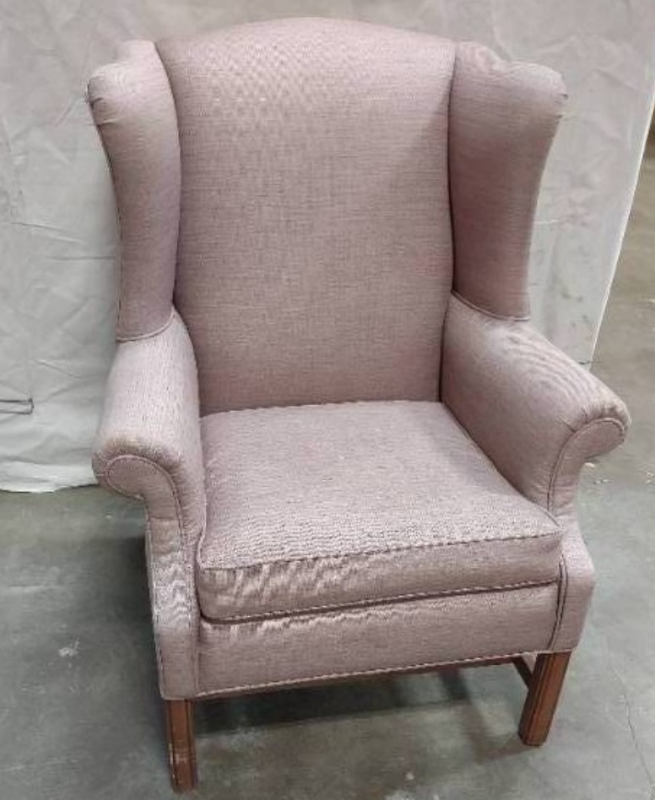 lot 41 image: Upholstered Purple Winged-Back Chair