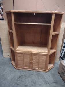 lot 7 image: Wooden Corner Entertainment Center Slatted Doors