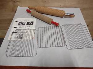 lot 95 image: 2 Vintage Lefse Rolling Pins 3 Smaller Cooling Racks
