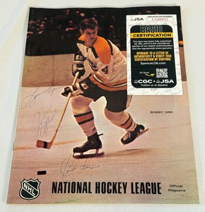 lot 22 image: Lou Nanne, Claude Larose, John Miszuk Signed NHL Official Magazine With JSA COA - Vintage Hockey