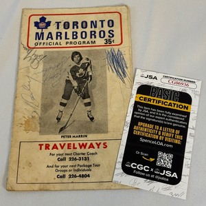 lot 26 image: Bob Dailey, Bruce Boudreau, Paulin Bordeleau, Kevin Devinne, Brad Winston, John Hughes Signed Toronto Marlboros Vintage 1973 Hockey Program With JSA COA
