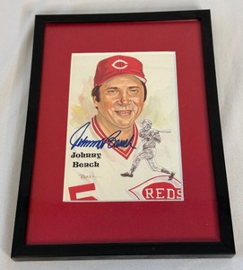 lot 29 image: Johnny Bench Signed and Framed Perez Steele Baseball Postcard