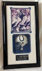 lot 6 image: Johnny Unitas Signed Photo With COA Framed With Indianaplis Colts Football Helmet