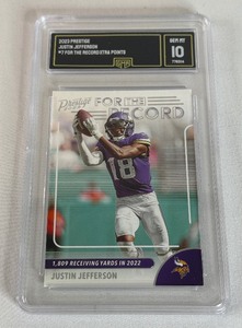 lot 27A image: Justin Jefferson Graded 10 Gem Mint 2003 Prestighe #7 For the Record Xtra Points Minnesota Vikings Football Card
