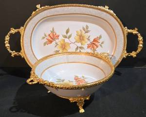 lot 104K image: LL-ST - TCI Iran Footed Serving Tray - Floral Pattern Porcelain, Gold Trim & Handles