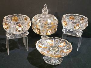lot 112K image: LL-ST - BoheMax Czech Lead Crystal Pedestal Candy Dish With Lid, Matching Footed Dishes & Tray
