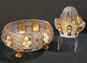 lot 128K image: LL-ST - Vintage Bohemian Czech Republic Sawtooth Rim Crystal Bowl and Crystal Basket