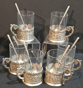 lot 204K image: LL-ST - Podstakannik Russian Tea Glasses with Pewter Holders - Set of 6