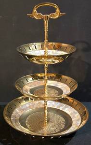lot 206K image: LL-ST - Three-Tier Brass Centerpiece Stand with Mother-of-Pearl Inlay - 12 in Tall