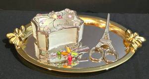 lot 208K image: LL-ST - Vanity Accessories Set - Oval Mirrored Tray, Jewel Box, Hair Clip, Eiffel Scissors (Lot of 4)