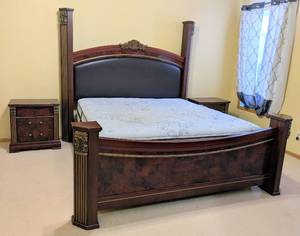 MB - King Bed Power Adjustable Frame with Duo Remotes and Pair of Nightstands - Cherry Grain, Ornate Headboard