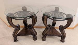 lot 8 image: LR - Pair of Elegant Ashley Furniture Margilles Glass Top Side Tables