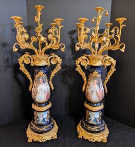 lot 9 image: MB - Pair of Antique French Svres-Style Cobalt Blue Porcelain Candelabras