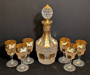 lot 18 image: MB - Painted Czech Crystal Decanter with 6 Glasses - 7-Piece Bohemian Set