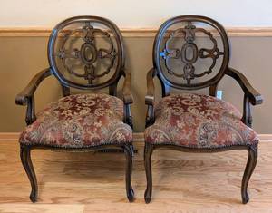 lot 19 image: ML - Pair of Carved Wood Armchairs - Damask Upholstery (Lot of 2)