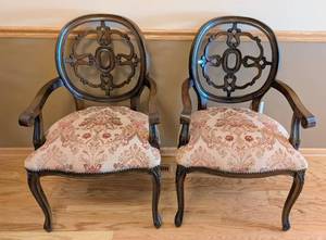 lot 20 image: ML - Pair of Carved Wood Armchairs - Damask Upholstery