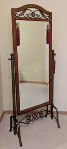 lot 21 image: MB - Ornate Standing Mirror with Wood Frame & Wrought Iron Scroll Stand