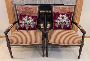 lot 29 image: LR - Pair of Vintage French Louis XVI Style Carved Wood Armchairs with Burgundy Damask Backs & Striped Cushions