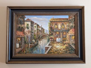 lot 34 image: LR - Framed Reproduction Oil Painting - Venice Canal Scene