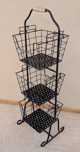 lot 36 image: K - Decorative 3-Tier Wire Basket Stand With Wood Handle