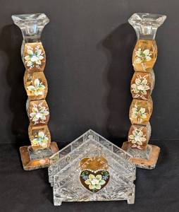 lot 39 image: Vintage Crystal Candle Holders & Napkin Holder - Hand-Painted Floral Motifs