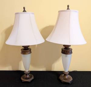lot 40 image: ML - Pair of Vintage Brass Table Lamps with Frosted Glass Columns