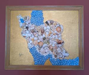 lot 76 image: ML - Seashell Wall Art - Framed Painted Mosaic on Gold Background