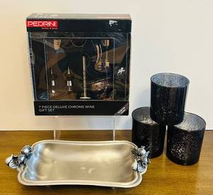 lot 181C image: BR1 - Pedrini 7-Piece Deluxe Chrome Wine Gift Set - 12-in Tray