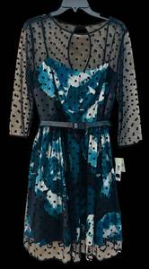 lot 182C image: MBC - Teal Floral Mesh Overlay Dress - Polka Dot Sheer Sleeves, Size 14, Knee-Length