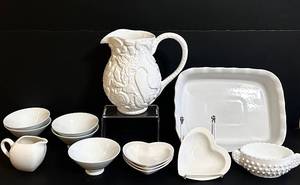 lot 187C image: BR1 - Taste-ology Porcelain White Dinnerware - Pitcher, Bowls, Heart Dishes, Spiked Bowl