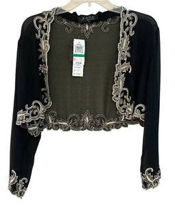 lot 214C image: MBC - JKARA Black Beaded Crop Jacket - Size L, Embellished Edges, New