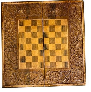 lot 218C image: DR - Vintage Wooden Balinese Carved Chess & Checkers Set in Carved Inlaid Box