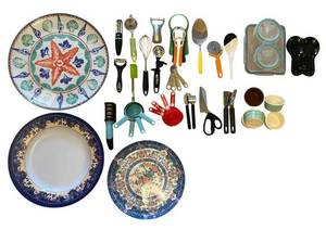 lot 220C image: DR - Blue & White Ceramic Plates with Utensil Set - 3 Plates & Utensils