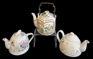 lot 225C image: DR -Three Vintage Tea Kettles including a Elegance Enamel Teapot, HOMCO Porcelain and Ornate Designed Teapot