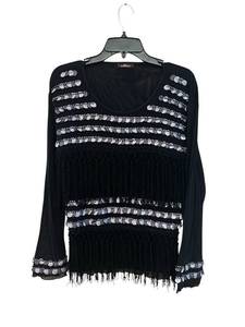 lot 230C image: MBC - Aixo Sequined Fringe Top - Black Knit, Long Sleeve with Silver Disc Stripes