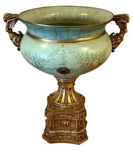 lot 13H image: Vintage French Style Celadon Vase with Ornate Gilt-Bronze Stand