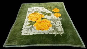 lot 50H image: Sun Lion Blanket Floral Green Velvet Trim