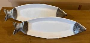 lot 58H image: Two Fish-Shaped Serving Platters, 20.75 in Long, White with Silver-Tone Ends