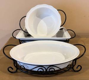 lot 92H image: Signature Housewares 3-Piece Buffet Stoneware Set with Iron Stands - Large Oval Serving Dish
