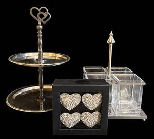 lot 169H image: Two-Tier Heart-Top Dessert Stand - Nicole Miller Home Napkin Ring Box (4 Hearts) - Glass Condiment Stand