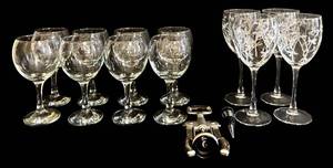 lot 177H image: Wine Glasses Set - 4 Etched Floral, 8 Clear Glasses, 8 in Tall with Corkscrew & Stopper