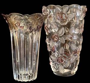 lot 180H image: Miska Roses Pattern Vase 9 in Tall & Grapes Pattern Vase - Clear Glass