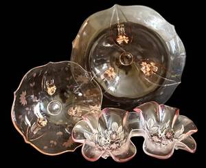 lot 234H image: Vintage Lancaster Pink Depression Glass Footed Bowl, Two Mikasa Crystal Pink Rosella CandyRelish Dishes