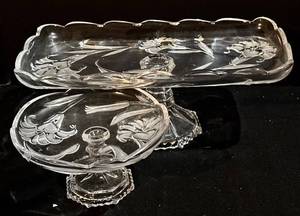 lot 245H image: Vintage Crystal Glass Pedestal Cake Stand & Tray - 2-Piece Set
