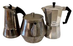 lot 252H image: Vintage Expresso Maker, Tea Kettle and Coffee Pot by Bialetti, Gnali & Zani, Yedi