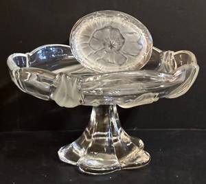 lot 255H image: Etched Glass Pedestal Compote & Vintage Gorham Full Lead Trinket Box with Lid