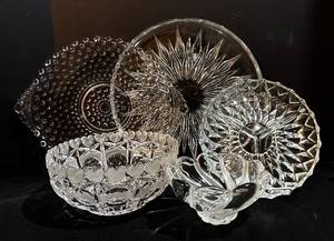 lot 262H image: Variety of Lovely Vintage Glass Serving Platters and Bowls including a Vintage Mikasa Peppermint Swirl Bowl & Echt Bleikristall Crystal Bowl