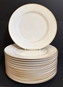lot 272H image: International Ultra Bone Dinner Plates - 12 in Cream & Gold Rim - 13 Pcs