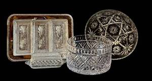 lot 357H image: Vintage Crystal Glass 4-Piece Serving Set Round 8.5in Bowl More